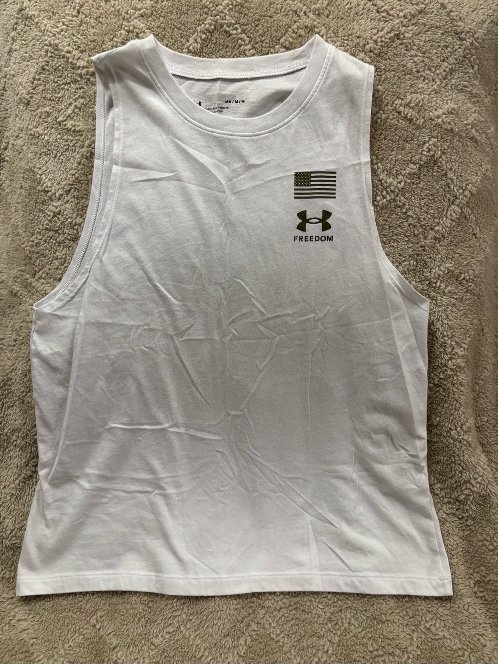 Under Armour White Sleeveless Freedom Tank with Olive Accents